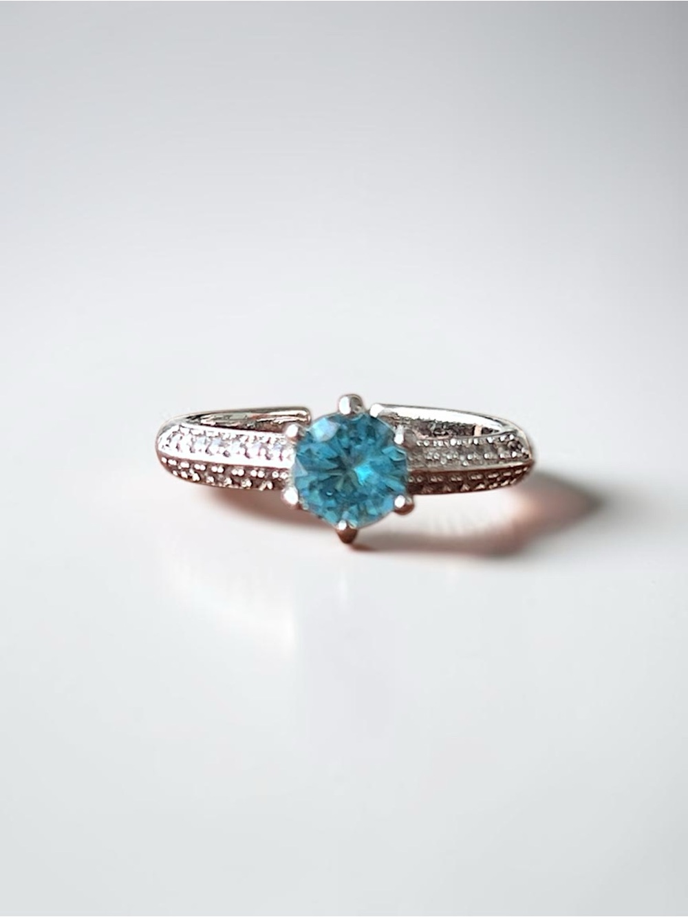 White Gold Plated Blue Topaz CZ Solitaire Open Ring